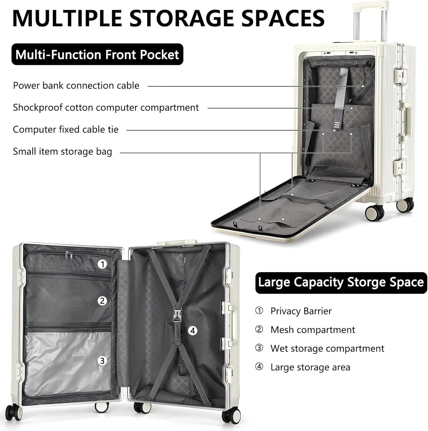 Gets Travel Carry On Luggage with Cup Holder and Usb Port, Aluminum Frame Suitcase, 22x14x9 Airline Approved Carry On Suitcase, Front Compartment, TSA Lock, Spinner Wheels (White, 20 inch)