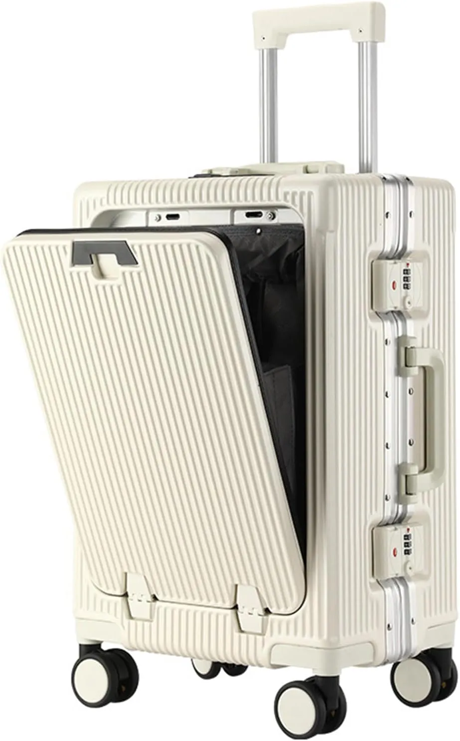Gets Travel Carry On Luggage with Cup Holder and Usb Port, Aluminum Frame Suitcase, 22x14x9 Airline Approved Carry On Suitcase, Front Compartment, TSA Lock, Spinner Wheels (White, 20 inch)