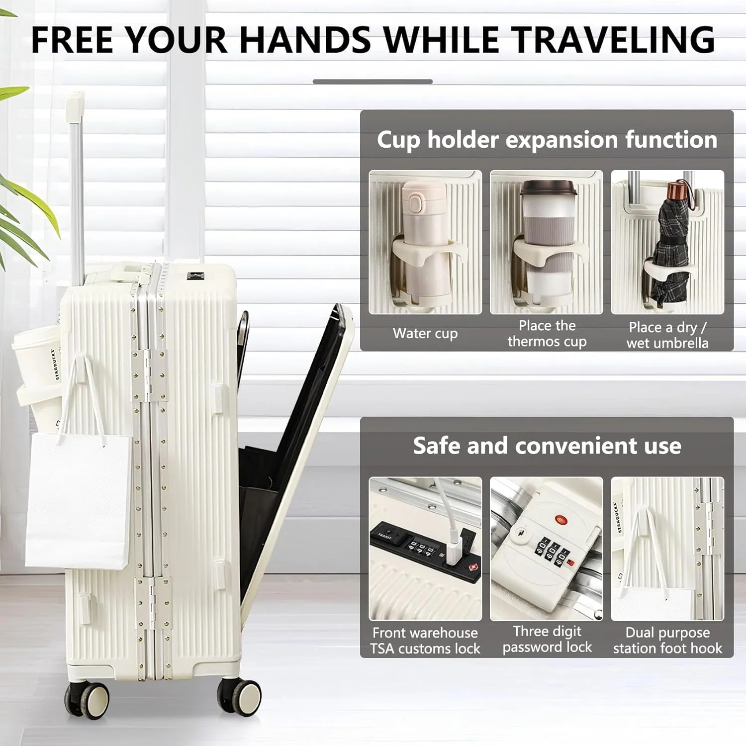 Gets Travel Carry On Luggage with Cup Holder and Usb Port, Aluminum Frame Suitcase, 22x14x9 Airline Approved Carry On Suitcase, Front Compartment, TSA Lock, Spinner Wheels (White, 20 inch)