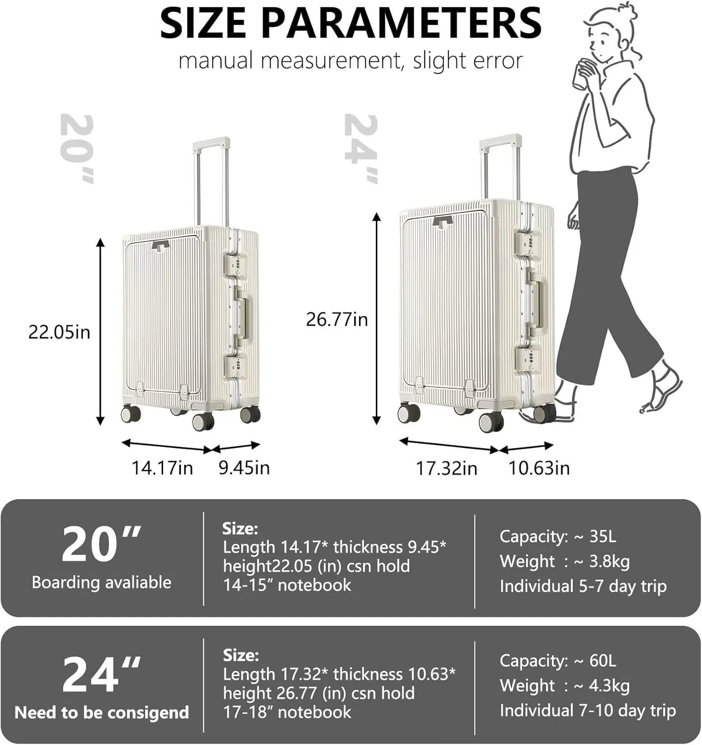 Gets Travel Carry On Luggage with Cup Holder and Usb Port, Aluminum Frame Suitcase, 22x14x9 Airline Approved Carry On Suitcase, Front Compartment, TSA Lock, Spinner Wheels (White, 20 inch)