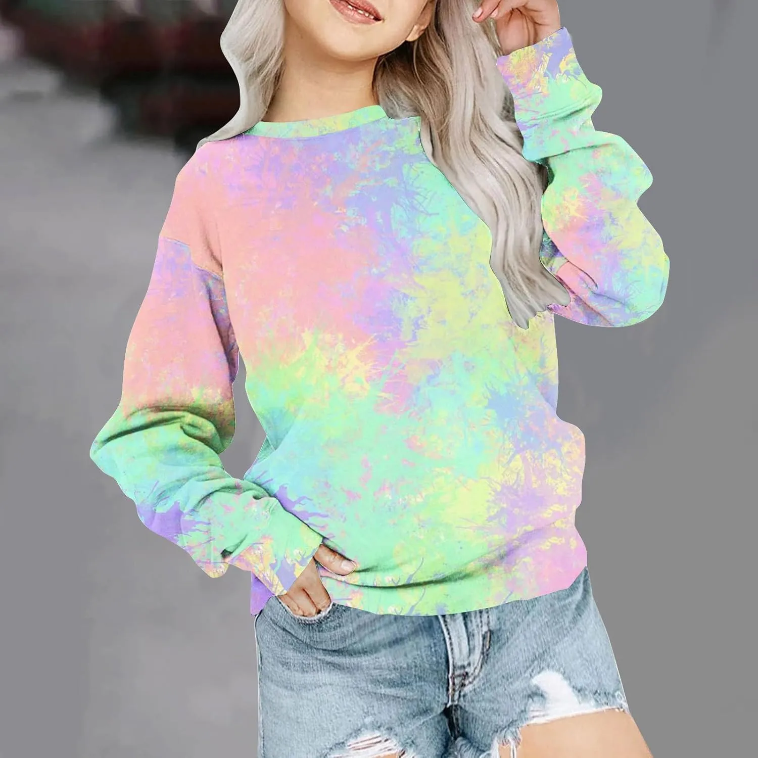 Girls Tie Dye Sweatshirts Oversized Long Sleeve Crewneck Pullovers Teens Graphic Sweaters Preppy Cloth Winter Fashion