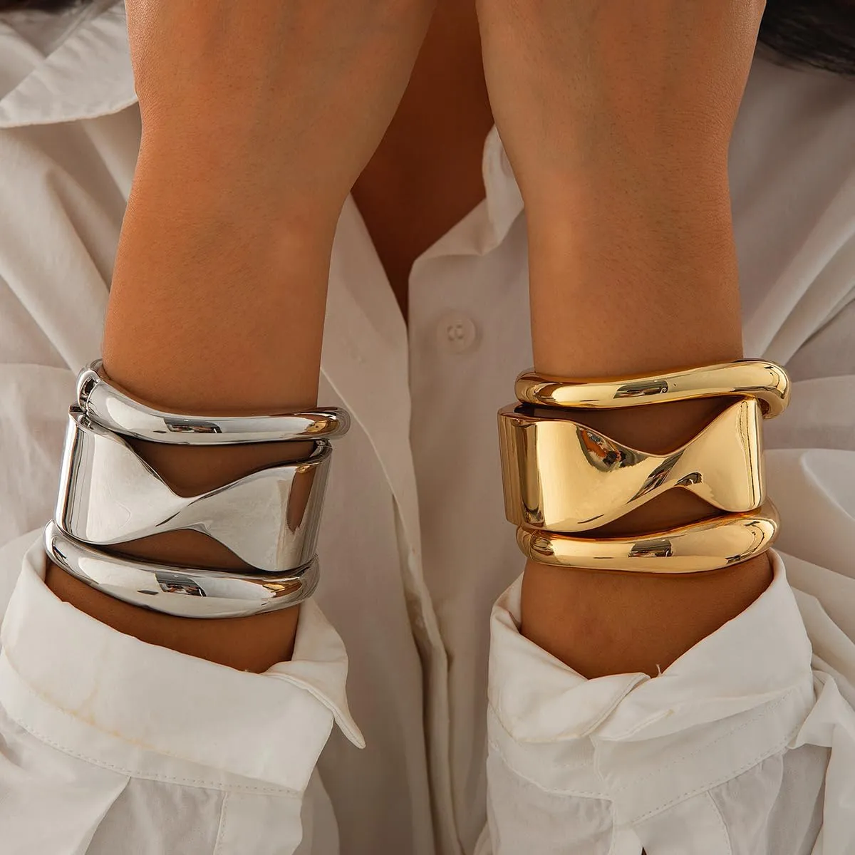 Gold Bangle Bracelets for Women Silver Plated Wide Wire Chunky Cuff Bracelets Trendy Hinged Cuff Open Wide Chunky Silver Bracelet Irregular Minimalist Bangle Jewelry