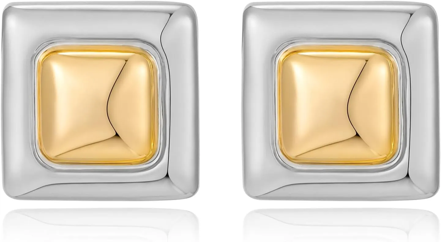 Gold Silver Tone Stud Earrings Statement Square Two Tones Earrings for Women Trendy Geometric Jewelry