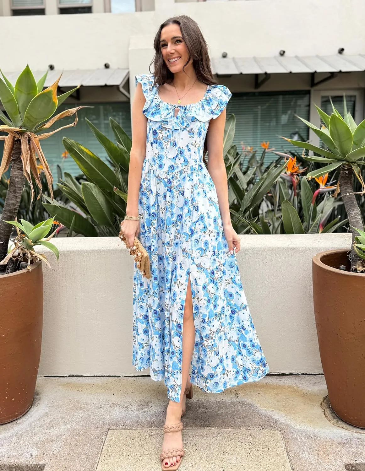 GRACE KARIN 2025 Womens Maxi Dresses Summer Off Shoulder Floral Dress Ruffle Split Beach Flowy Boho Wedding Guest Dress