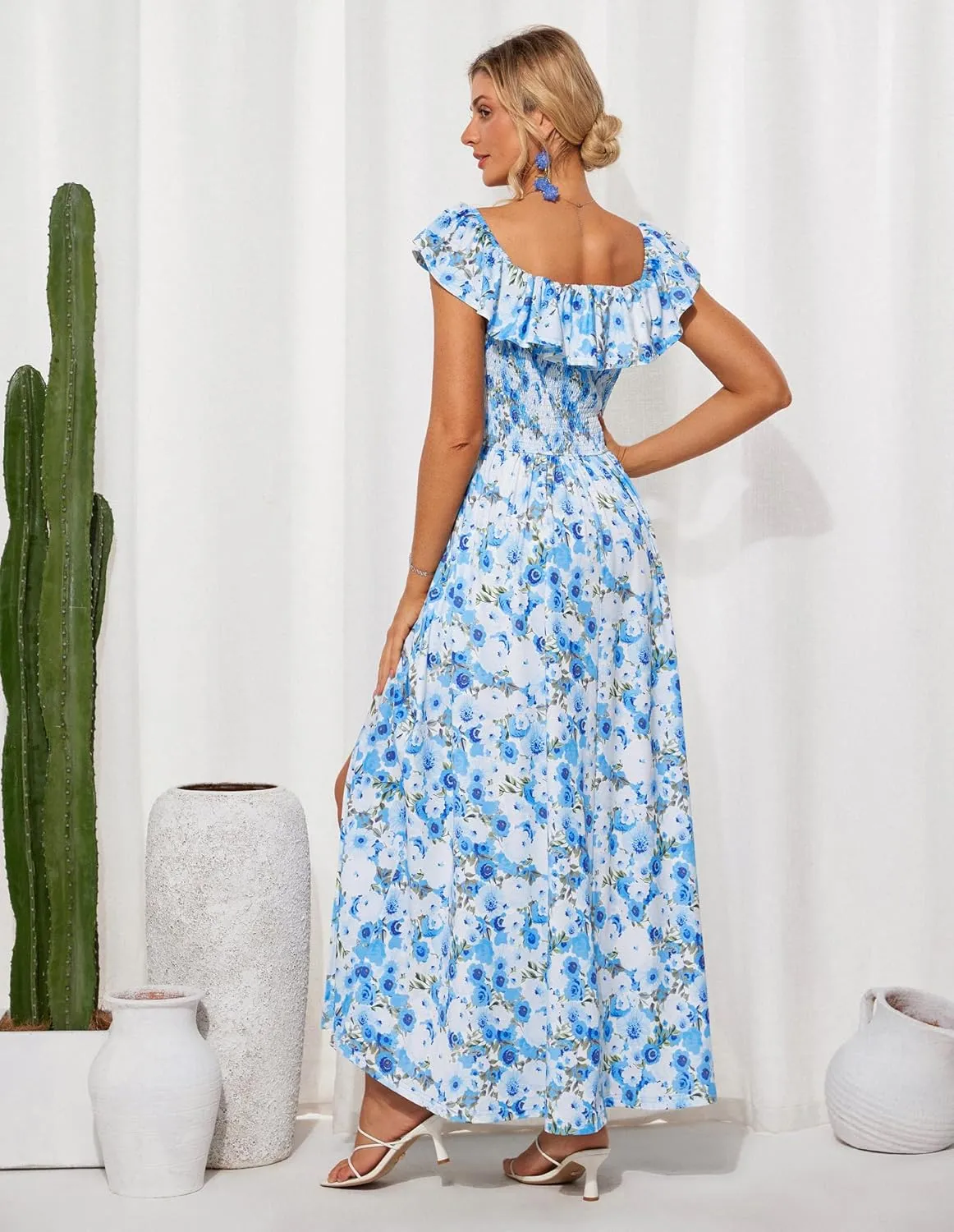 GRACE KARIN 2025 Womens Maxi Dresses Summer Off Shoulder Floral Dress Ruffle Split Beach Flowy Boho Wedding Guest Dress