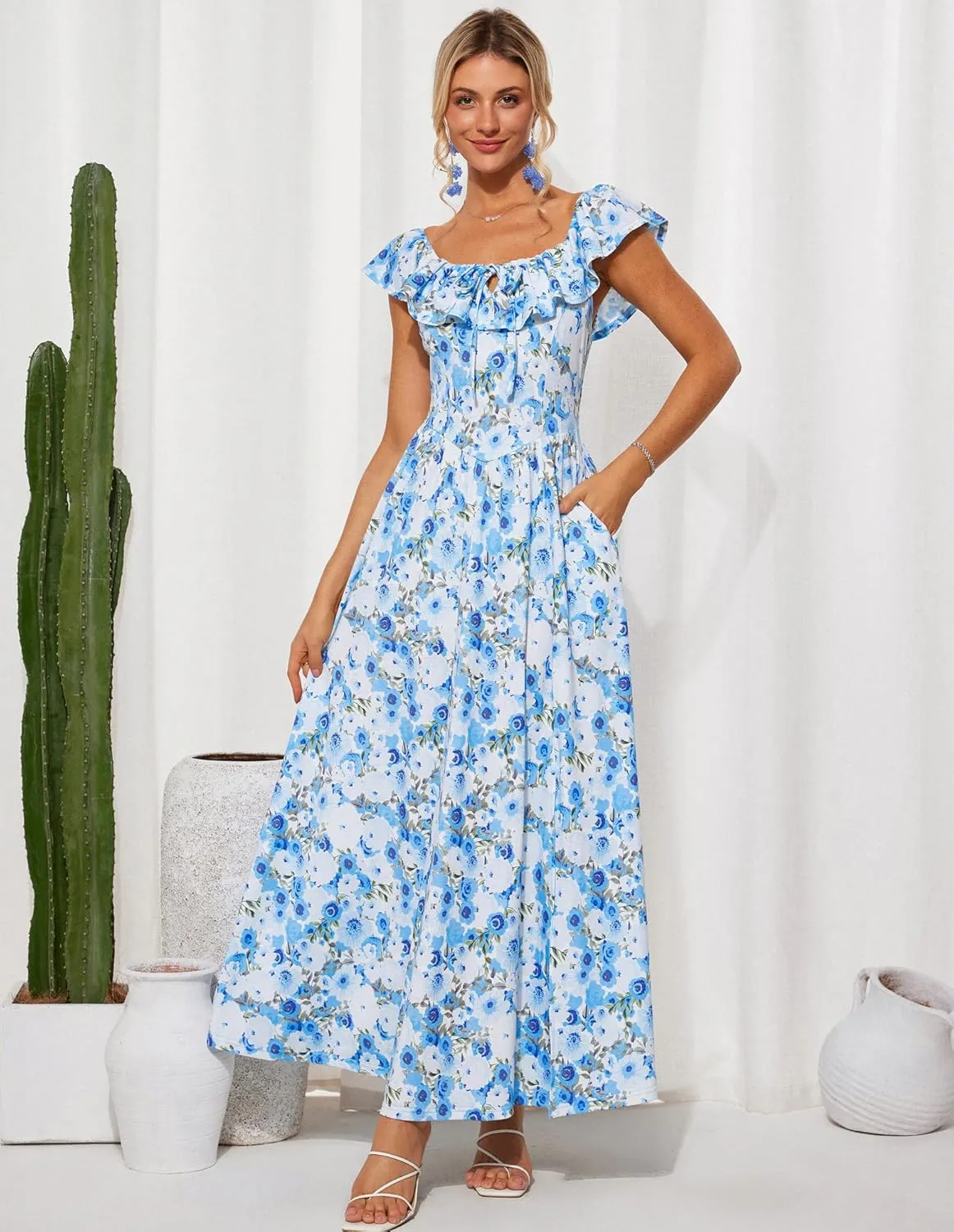 GRACE KARIN 2025 Womens Maxi Dresses Summer Off Shoulder Floral Dress Ruffle Split Beach Flowy Boho Wedding Guest Dress