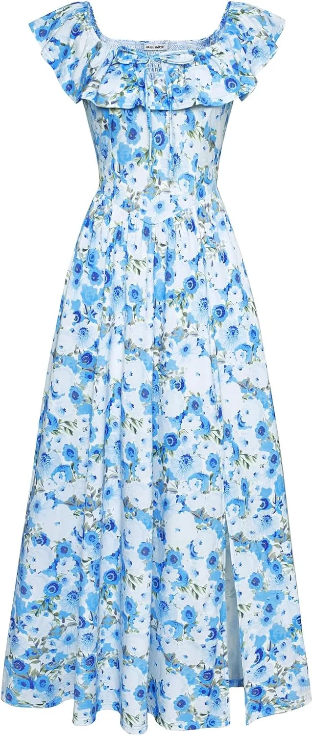 GRACE KARIN 2025 Womens Maxi Dresses Summer Off Shoulder Floral Dress Ruffle Split Beach Flowy Boho Wedding Guest Dress