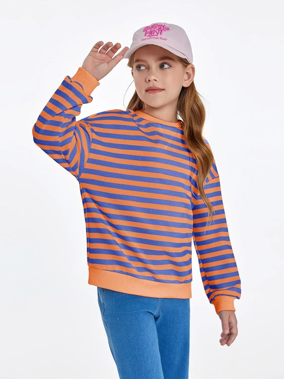 Haloumoning Girls Striped Crewneck Sweatshirt Kids Long Sleeve Oversized Fashion Pullover Tops Fall Clothes 5-14 Years