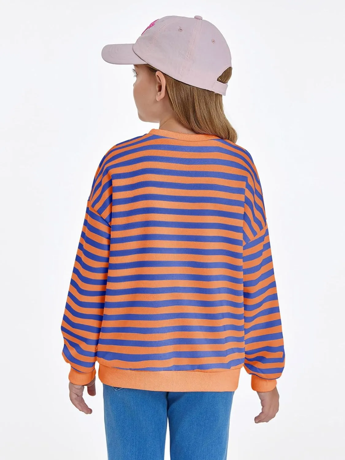 Haloumoning Girls Striped Crewneck Sweatshirt Kids Long Sleeve Oversized Fashion Pullover Tops Fall Clothes 5-14 Years