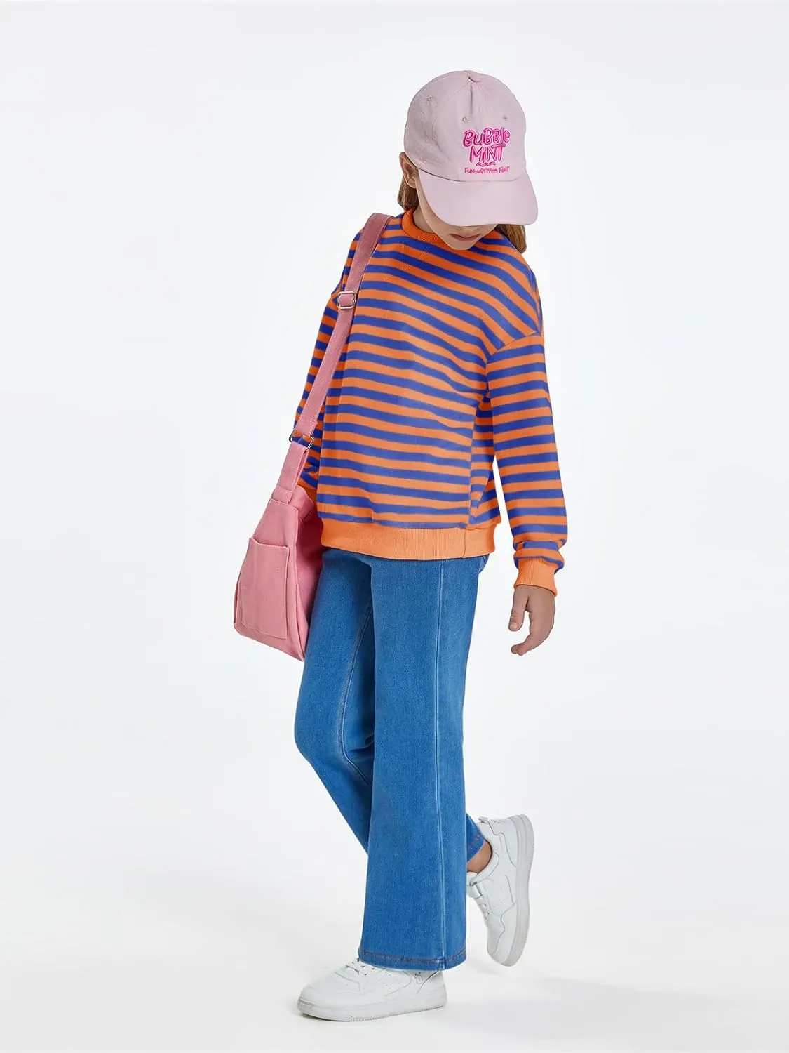 Haloumoning Girls Striped Crewneck Sweatshirt Kids Long Sleeve Oversized Fashion Pullover Tops Fall Clothes 5-14 Years