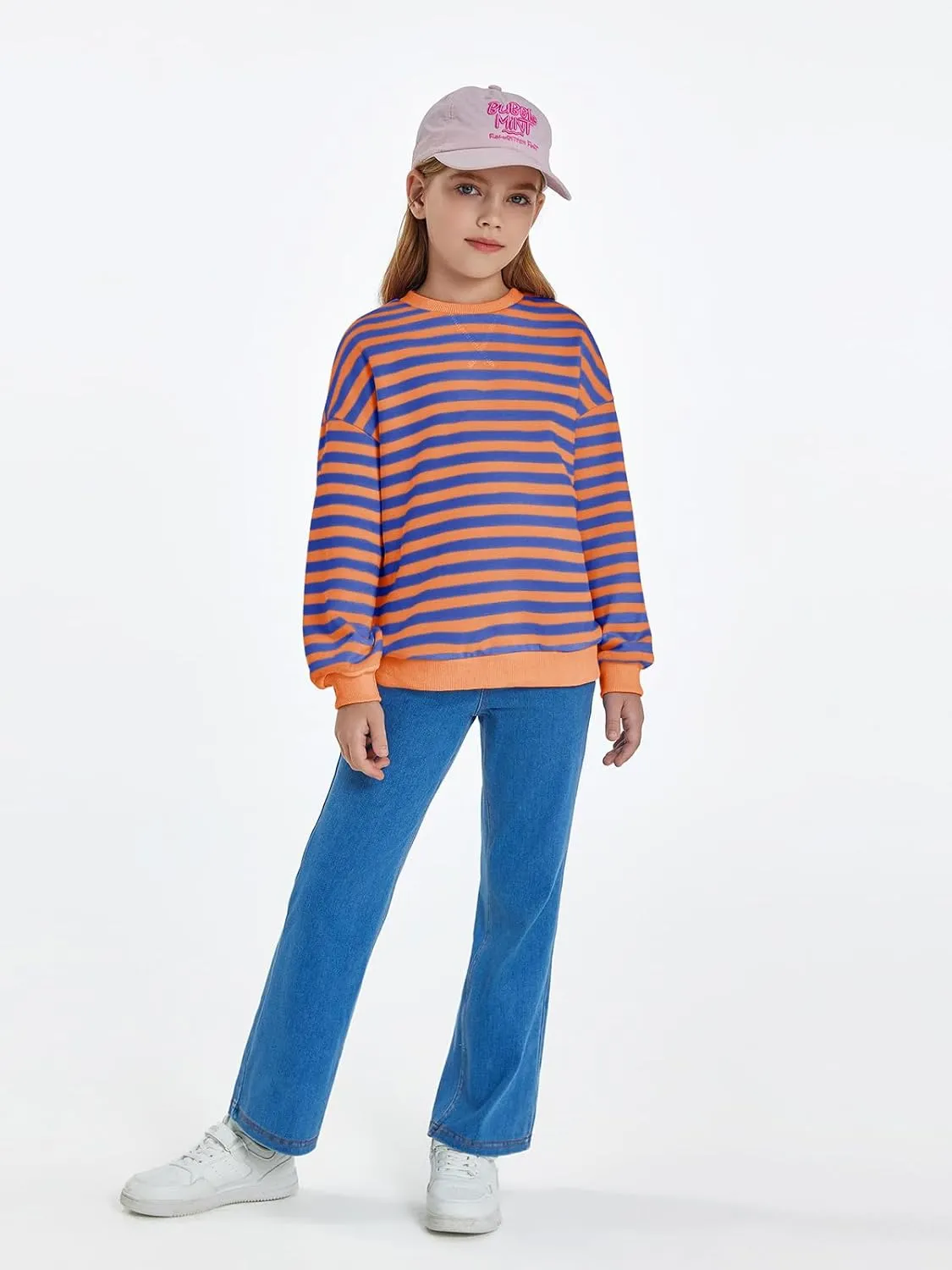 Haloumoning Girls Striped Crewneck Sweatshirt Kids Long Sleeve Oversized Fashion Pullover Tops Fall Clothes 5-14 Years
