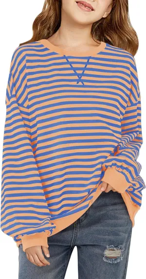 Haloumoning Girls Striped Crewneck Sweatshirt Kids Long Sleeve Oversized Fashion Pullover Tops Fall Clothes 5-14 Years