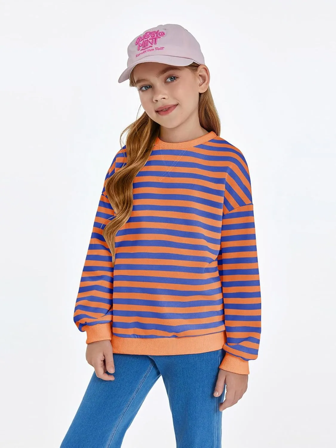 Haloumoning Girls Striped Crewneck Sweatshirt Kids Long Sleeve Oversized Fashion Pullover Tops Fall Clothes 5-14 Years