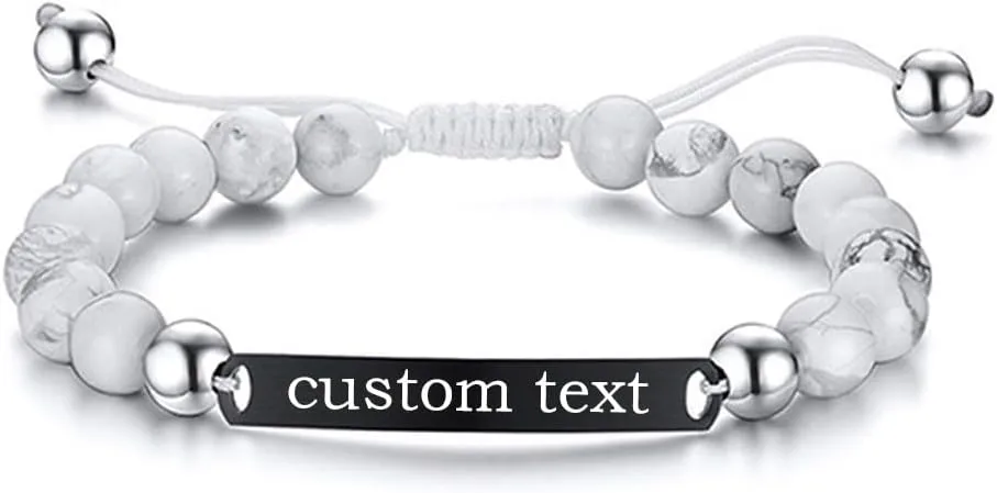 Handmade Personalized Name Identification Unisex Bracelet for Women Mom, Custom Braided Black Matte Agate Beads ID Bracelet for Mother Best Friend Bracelet