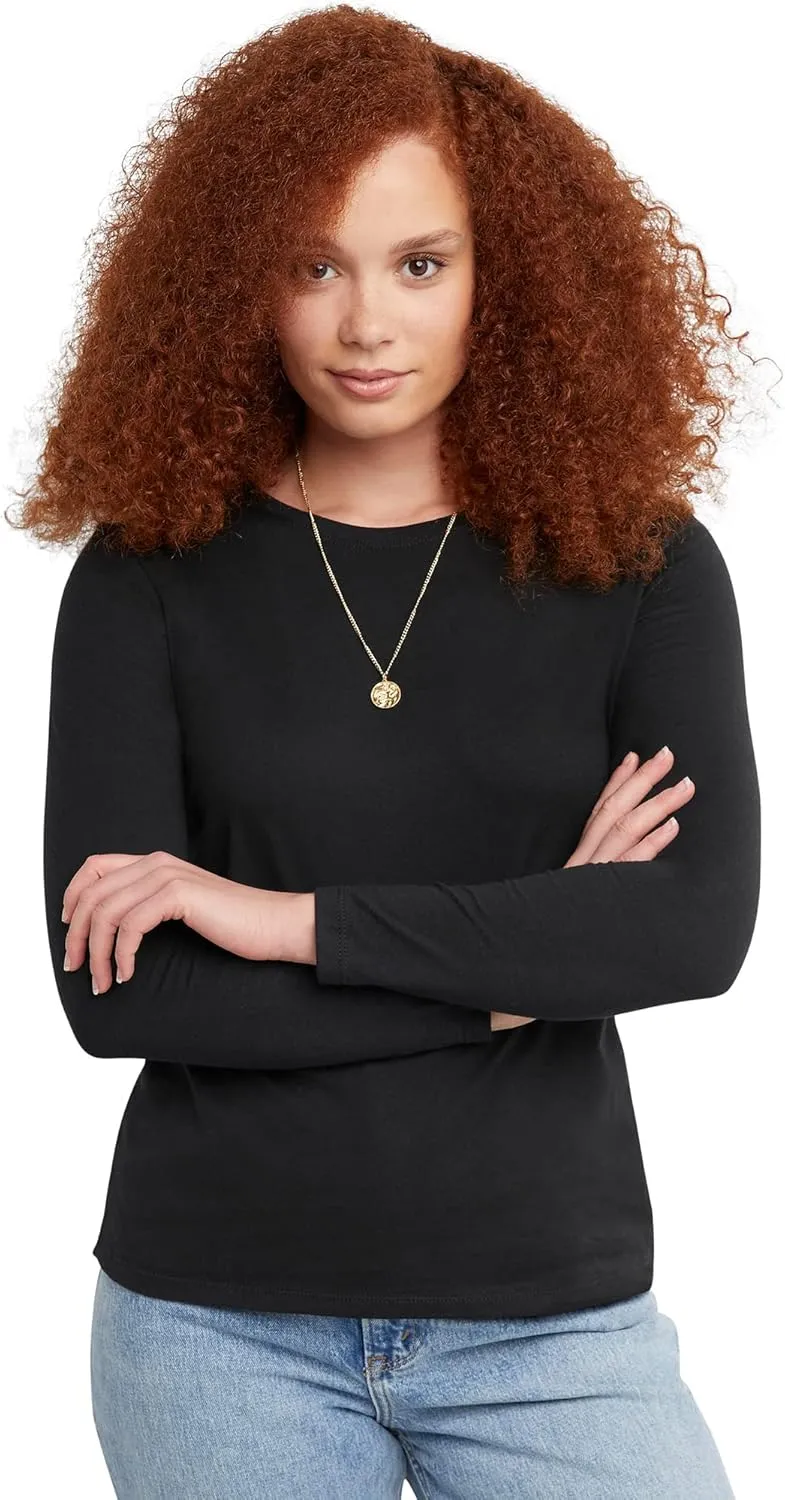 Hanes Long Sleeve Cotton T-Shirt, Lightweight Crewneck Tee for Women, Modern Fit, Ebony, 2X Large