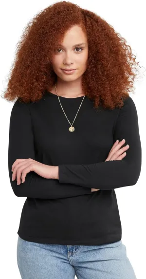 Hanes Long Sleeve Cotton T-Shirt, Lightweight Crewneck Tee for Women, Modern Fit, Ebony, 2X Large
