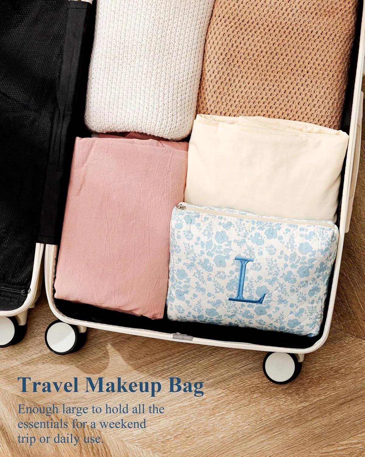 HBselect Initial Makeup Bag, Quilted Makeup Bag, Cotton Large Travel Makeup Bag, Cute Floral Coquette Make up Bag Cosmetic Bag Toiletry Bag for Women Girls K