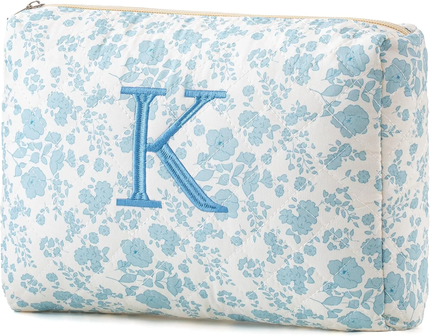 HBselect Initial Makeup Bag, Quilted Makeup Bag, Cotton Large Travel Makeup Bag, Cute Floral Coquette Make up Bag Cosmetic Bag Toiletry Bag for Women Girls K