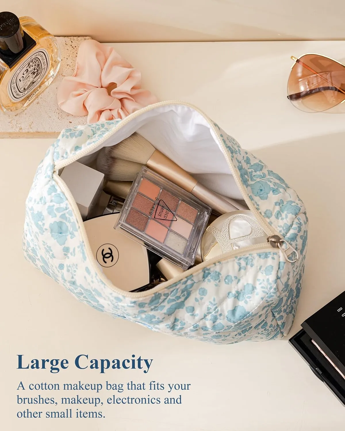 HBselect Initial Makeup Bag, Quilted Makeup Bag, Cotton Large Travel Makeup Bag, Cute Floral Coquette Make up Bag Cosmetic Bag Toiletry Bag for Women Girls K