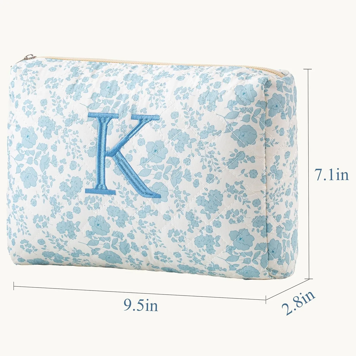 HBselect Initial Makeup Bag, Quilted Makeup Bag, Cotton Large Travel Makeup Bag, Cute Floral Coquette Make up Bag Cosmetic Bag Toiletry Bag for Women Girls K