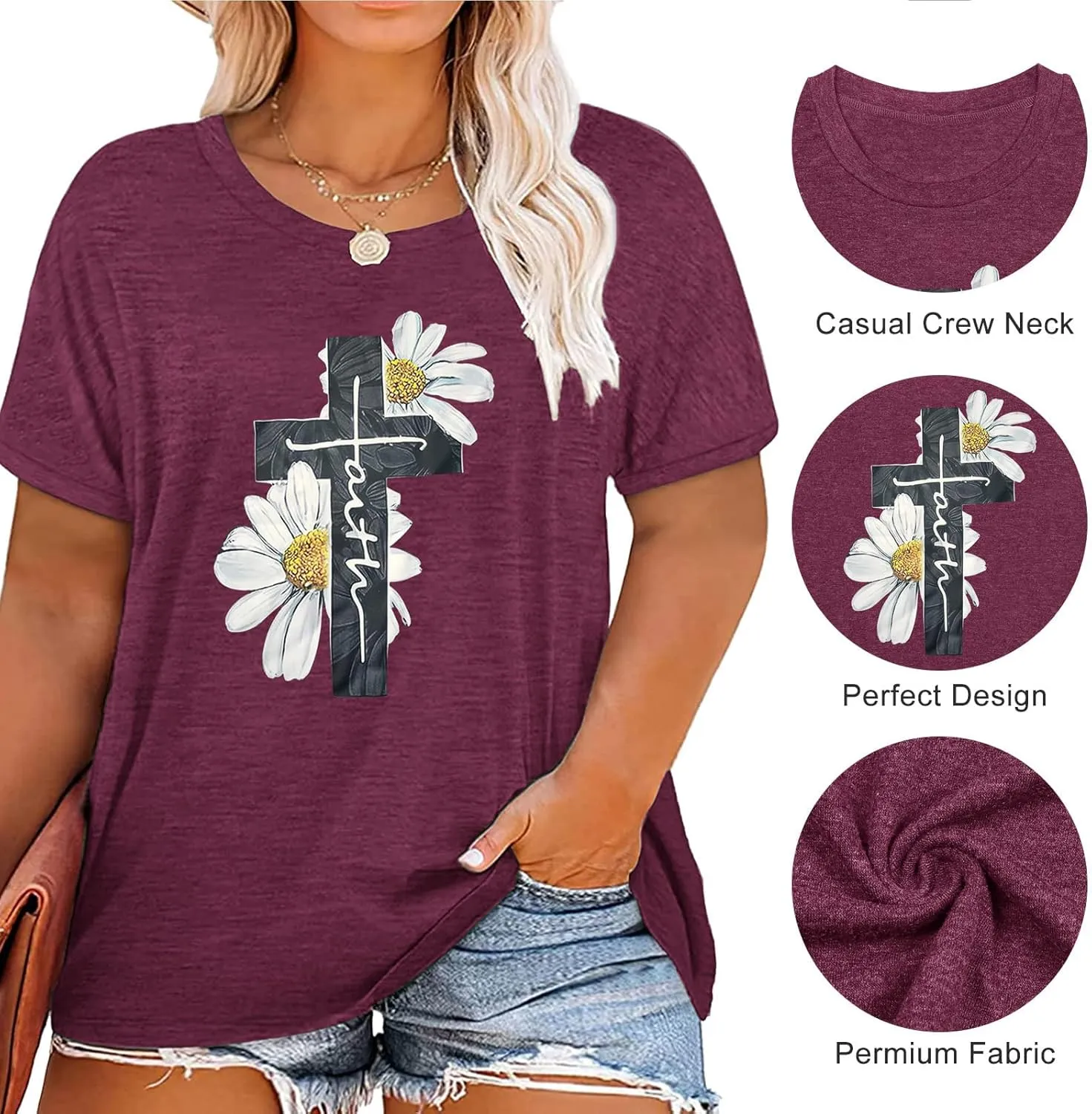 HDLTE Plus Size Womens Country Shirts Funny Western Graphic Tees Short Sleeve Flower Tops Blouses Casual Summer T-Shirt