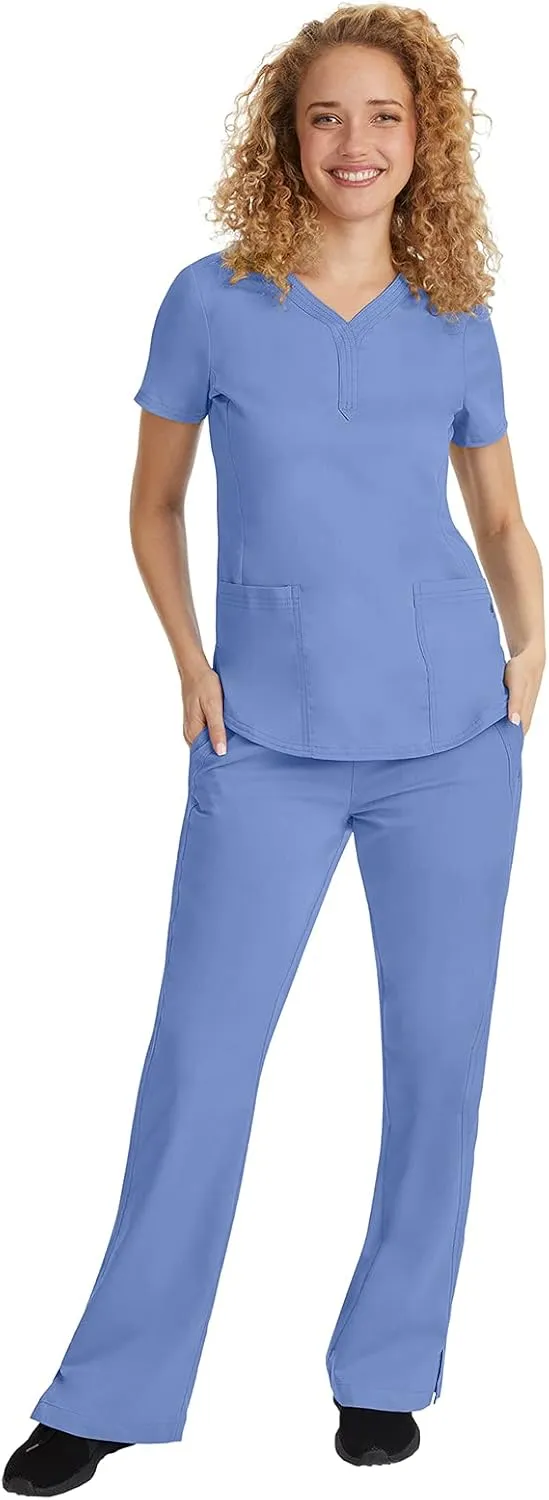 Healing Hands Women's Y-Neck Scrub Top with 2 Pockets, Knit Details, Shirttail Hem, and 2-Way Stretch Fabric 2167