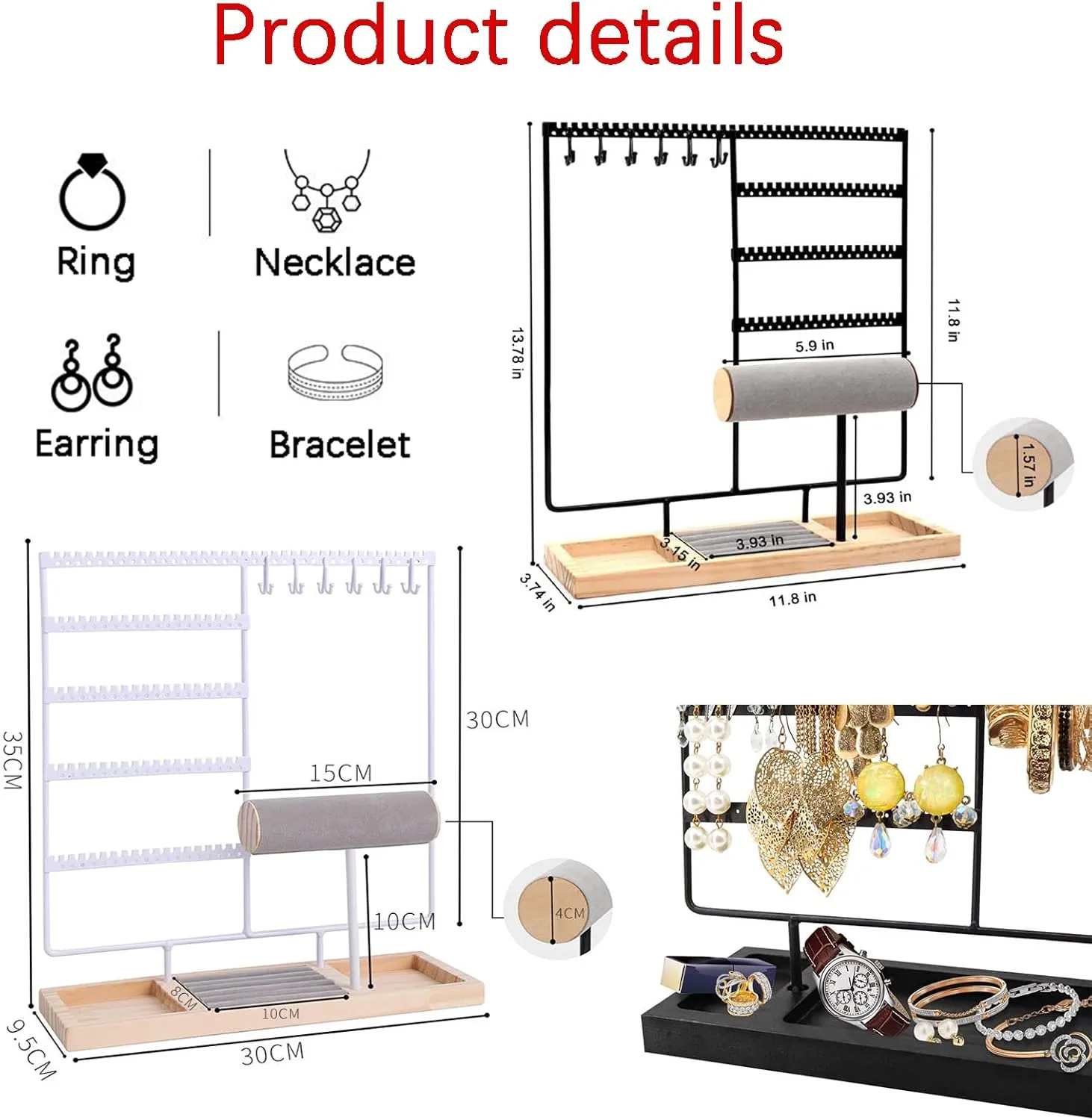 HINIHAO Earring Holder,5-Tier Ear Stud Holder with Wooden Tray, Jewelry Tower Rack with 108 Holes, 12 Hooks Necklaces Hanging, for Bracelets Earrings Rings Watches (Black)
