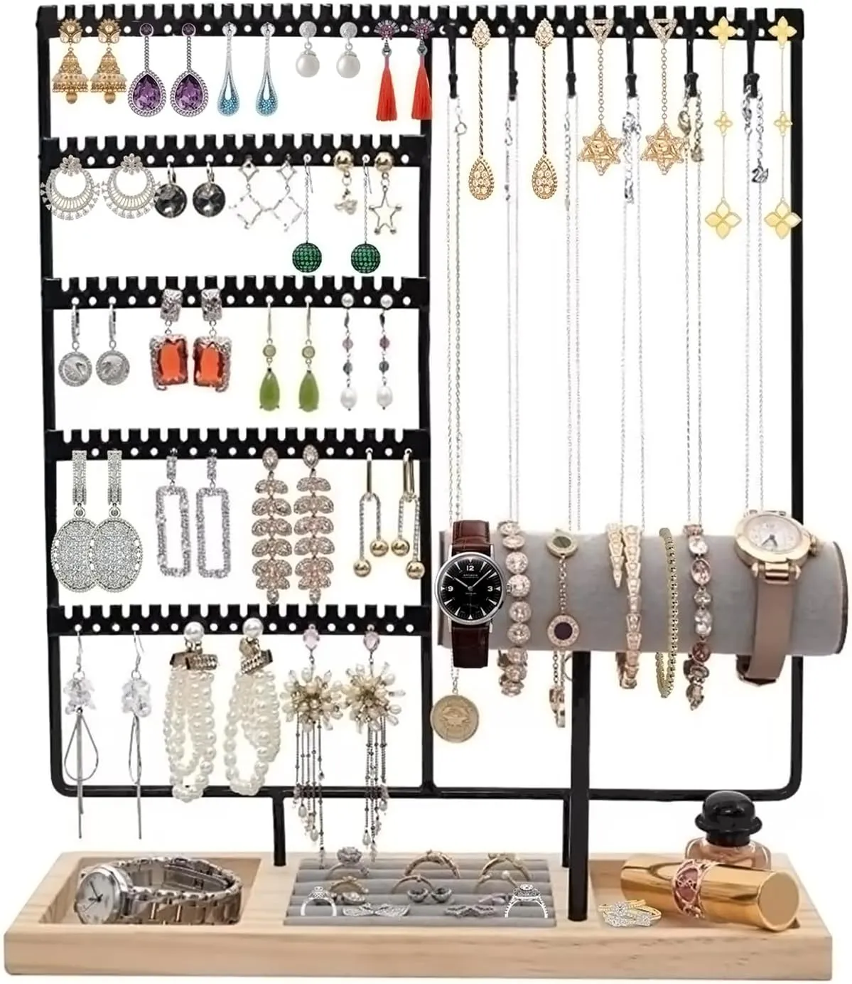 HINIHAO Earring Holder,5-Tier Ear Stud Holder with Wooden Tray, Jewelry Tower Rack with 108 Holes, 12 Hooks Necklaces Hanging, for Bracelets Earrings Rings Watches (Black)