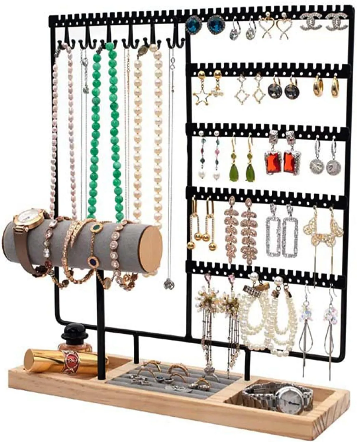 HINIHAO Earring Holder,5-Tier Ear Stud Holder with Wooden Tray, Jewelry Tower Rack with 108 Holes, 12 Hooks Necklaces Hanging, for Bracelets Earrings Rings Watches (Black)