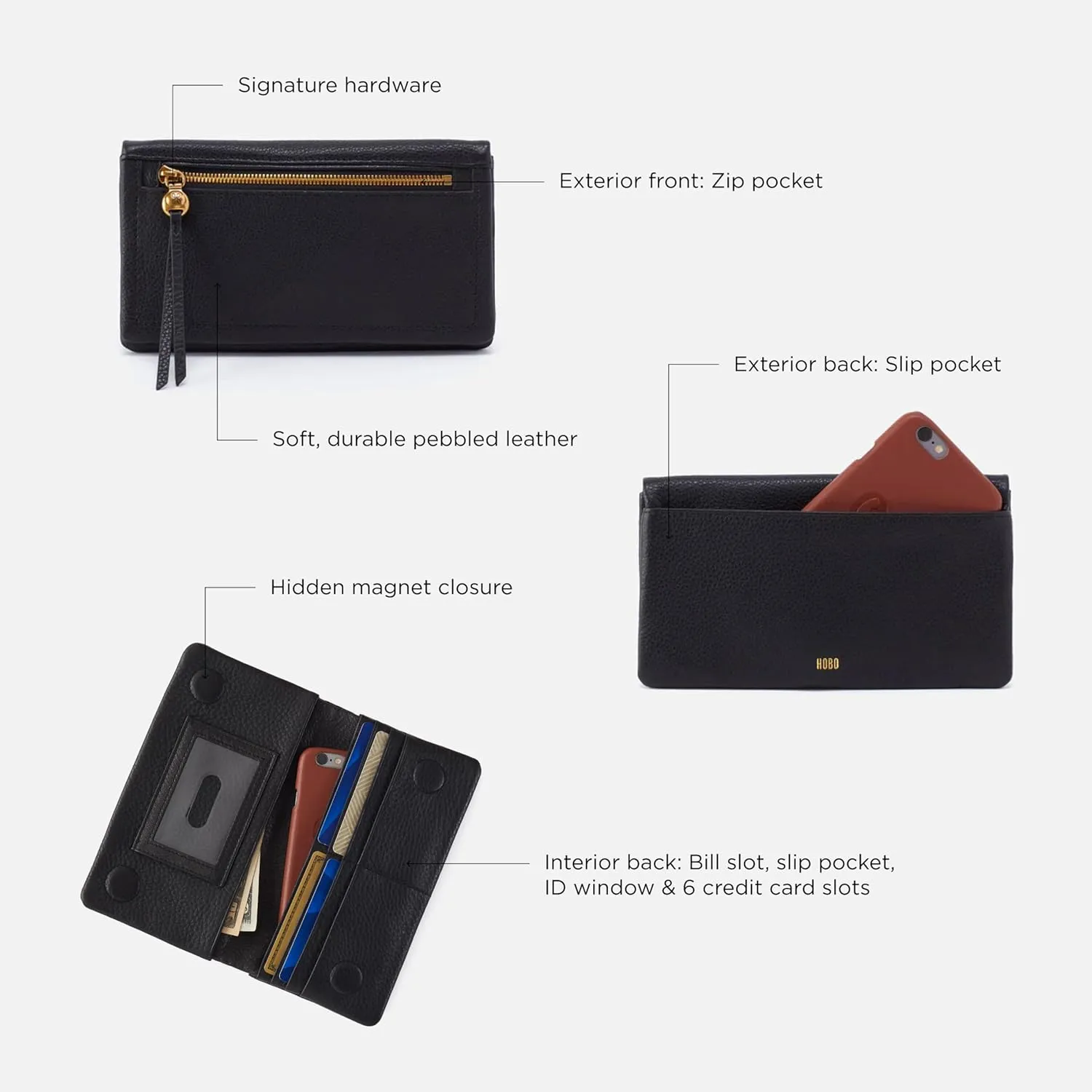 HOBO Lumen Continental Bifold Leather Wallet for Women, Snap Closure