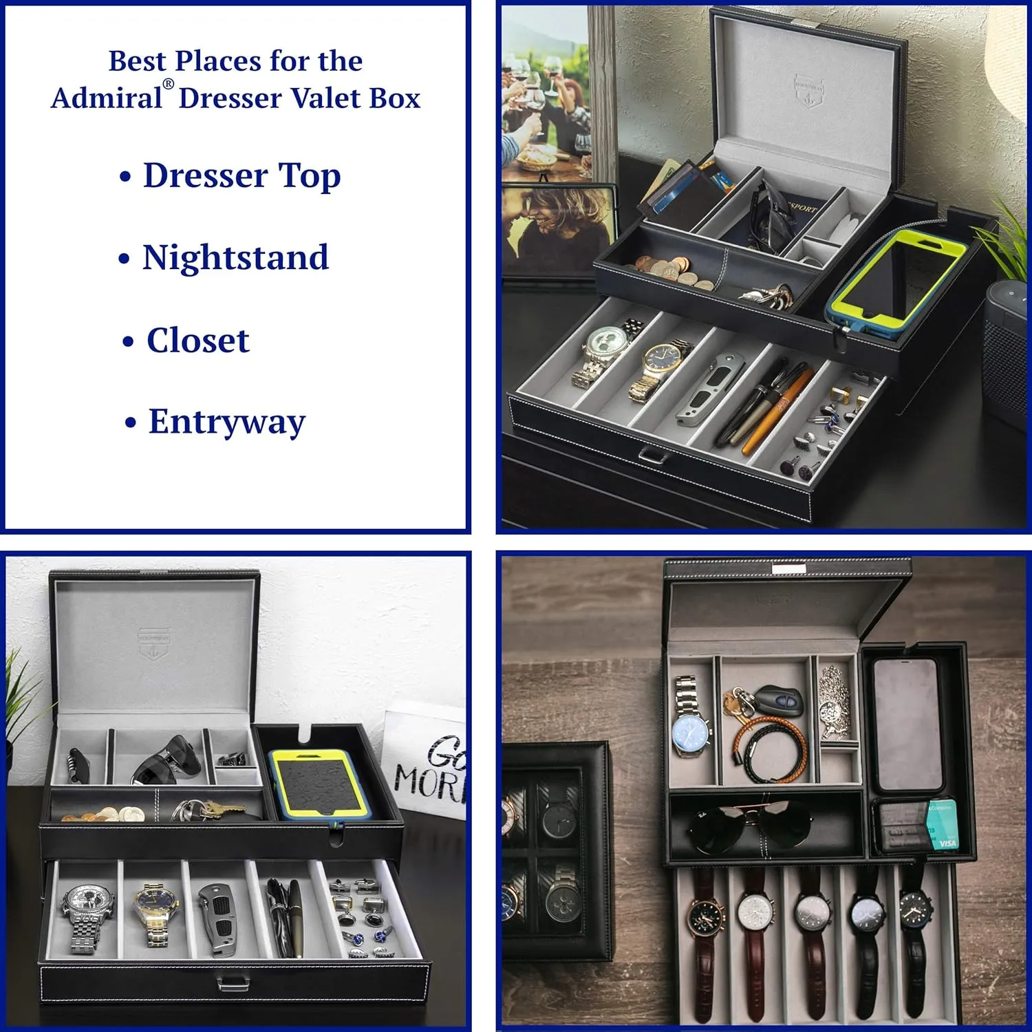 HOUNDSBAY Admiral Dresser Valet Box & Mens Jewelry Box Organizer with Large Smartphone Charging Station (Grey)