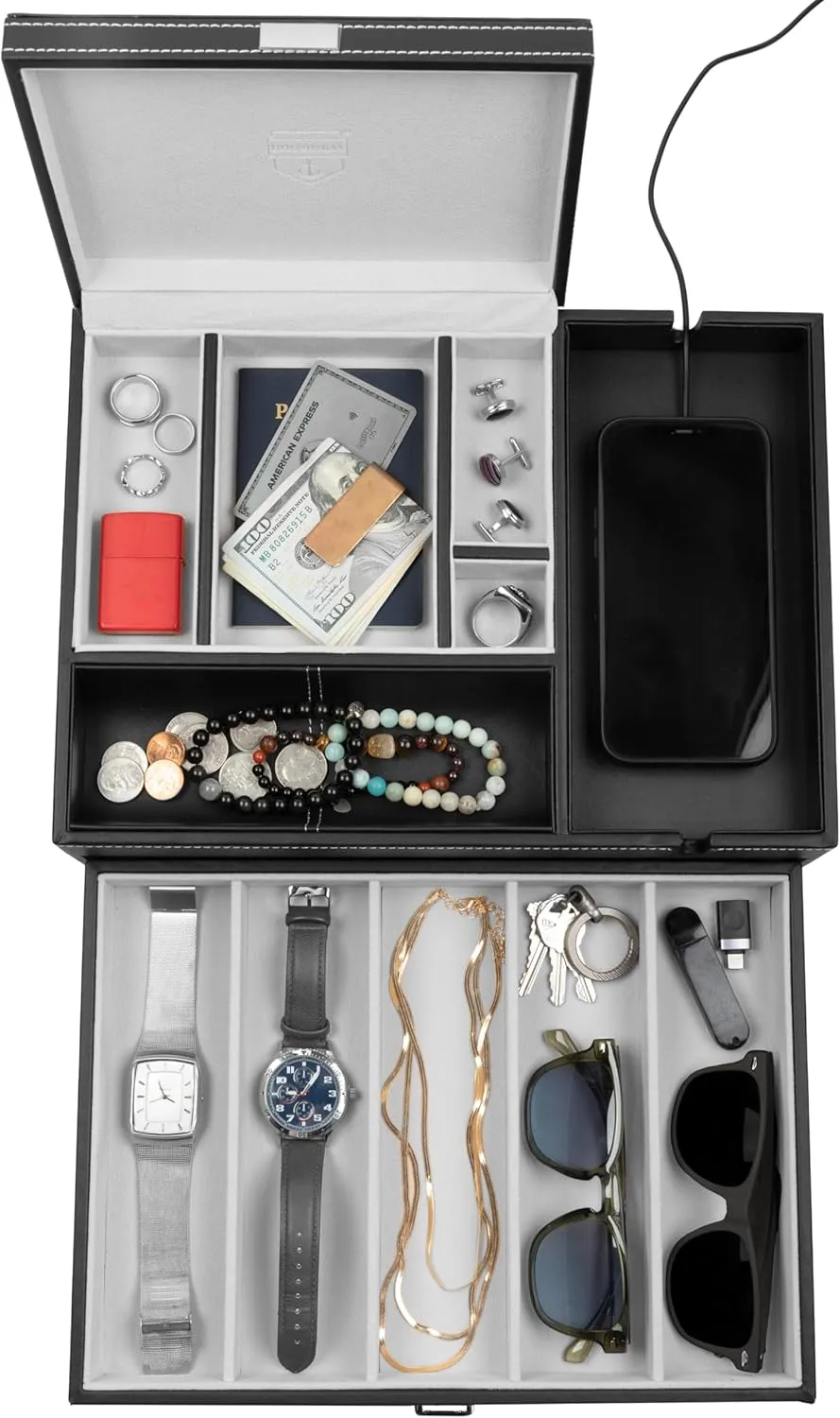 HOUNDSBAY Admiral Dresser Valet Box & Mens Jewelry Box Organizer with Large Smartphone Charging Station (Grey)