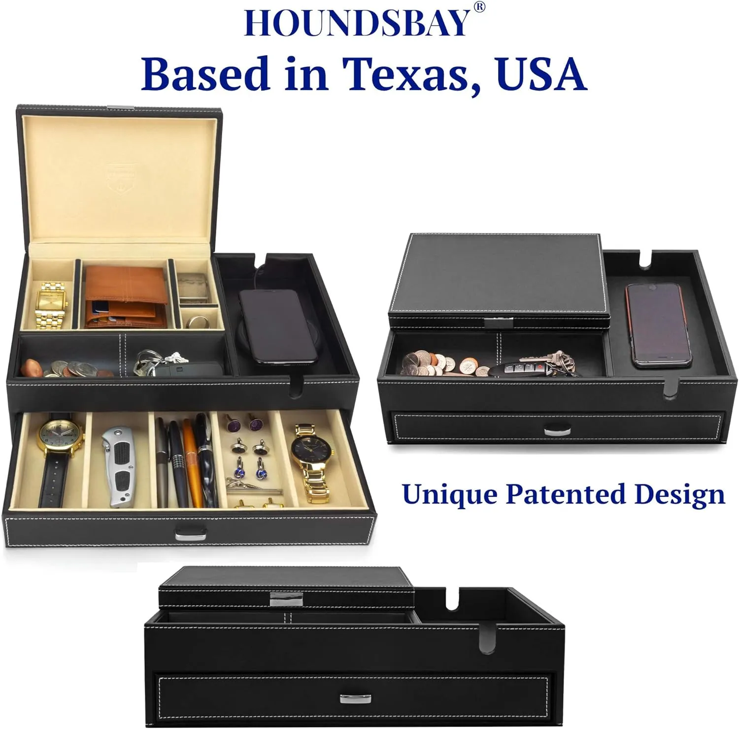 HOUNDSBAY Mens Jewelry Box Nightstand Organizer - Everyday Carry Valet Tray for Men - Watch and Jewelry Box for Men with Large Smartphone Charging Station - Mens Jewelry Organizer & Valet Box