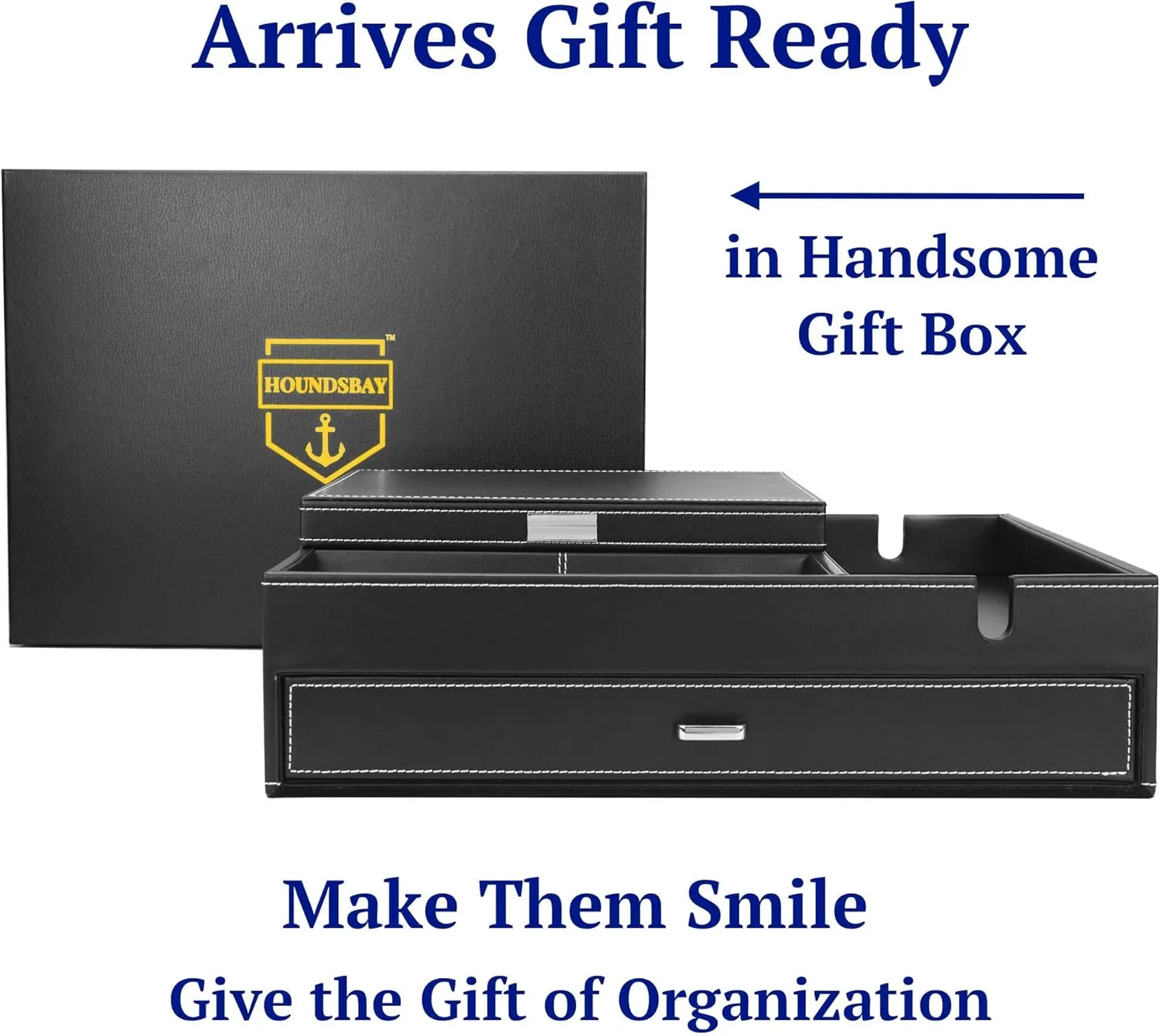 HOUNDSBAY Mens Jewelry Box Nightstand Organizer - Everyday Carry Valet Tray for Men - Watch and Jewelry Box for Men with Large Smartphone Charging Station - Mens Jewelry Organizer & Valet Box