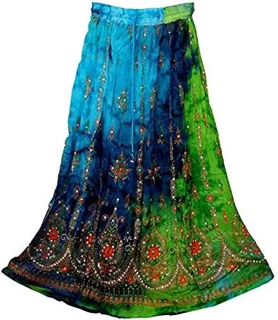 Indian Multi tie dye Yoga Trendz Women's Sequined Crinkle Broomstick Gypsy Long Skirt