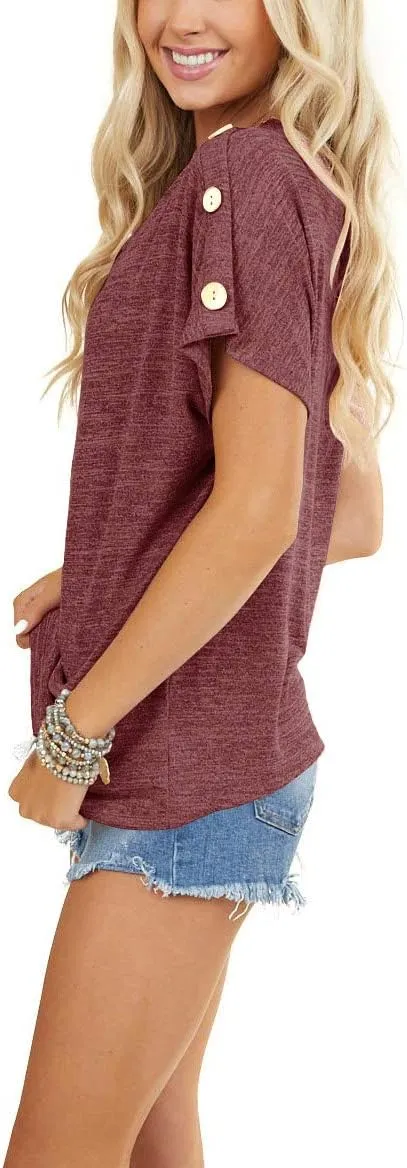 INFITTY Womens Off Shoulder Tops Casual Summer Loose Button Down Short Sleeve Shirt Tunic Blouse