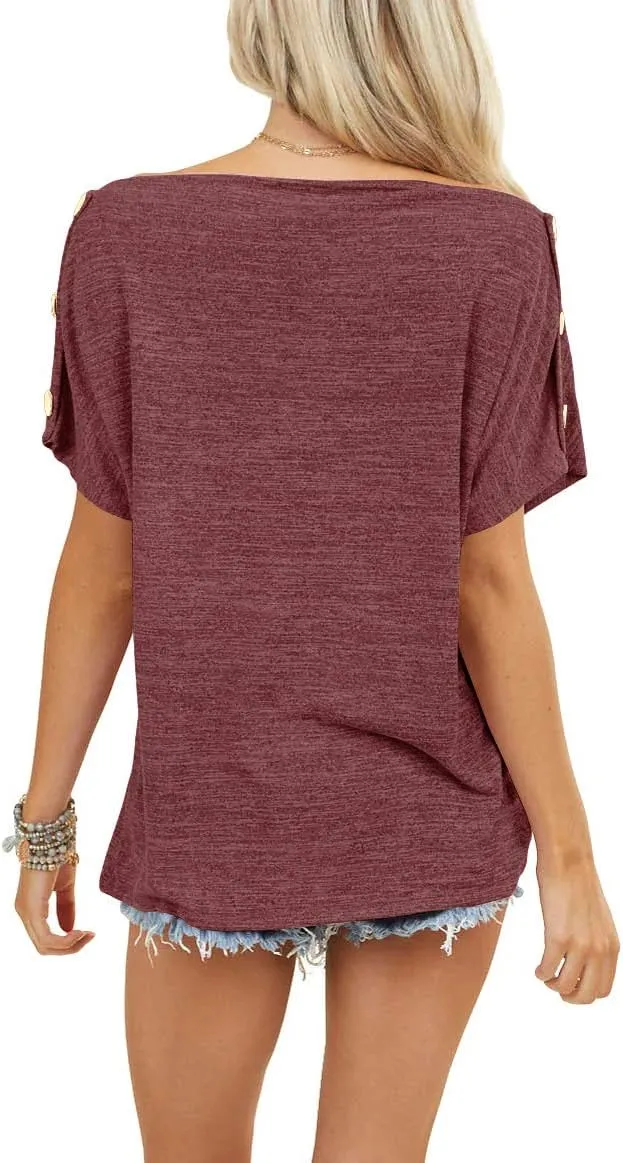 INFITTY Womens Off Shoulder Tops Casual Summer Loose Button Down Short Sleeve Shirt Tunic Blouse