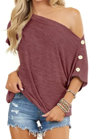 INFITTY Womens Off Shoulder Tops Casual Summer Loose Button Down Short Sleeve Shirt Tunic Blouse