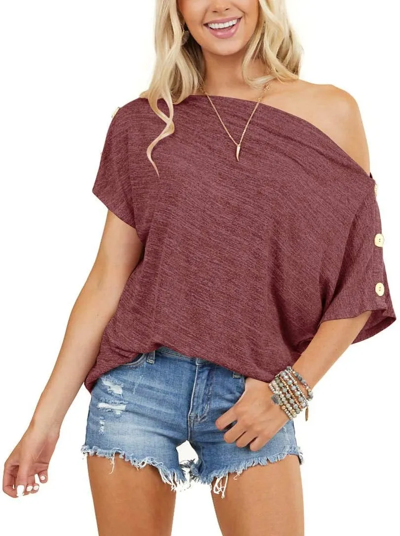INFITTY Womens Off Shoulder Tops Casual Summer Loose Button Down Short Sleeve Shirt Tunic Blouse