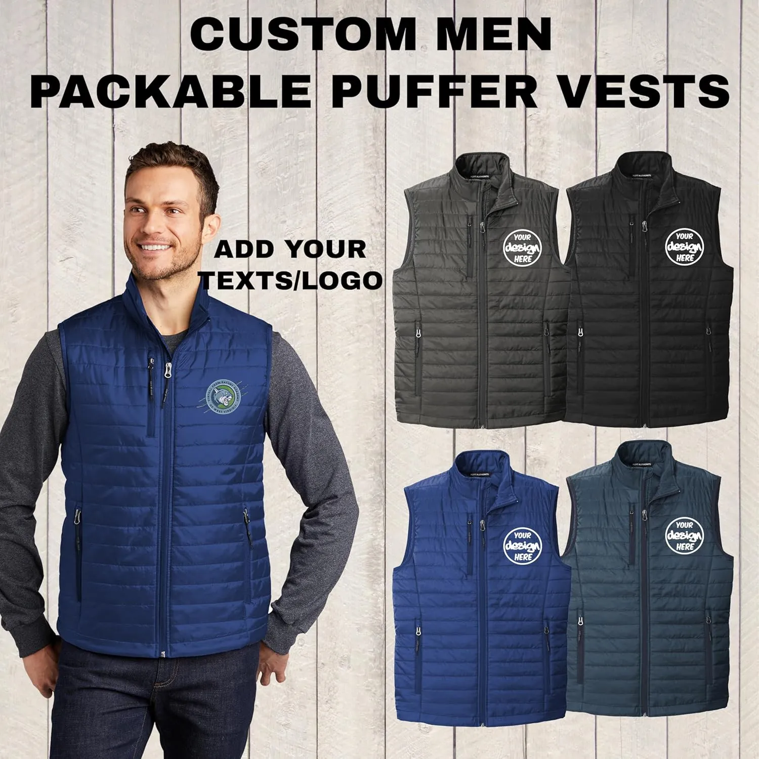 INK STITCH Men J851 Custom Personalized Embroidery Logo Texts Puffer Packable Winter Vests