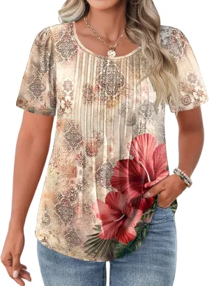 IN'VOLAND Womens Plus Size Tops Tunic Short Sleeve Crew Neck Shirts Casual Summer Blouse 1X-5X