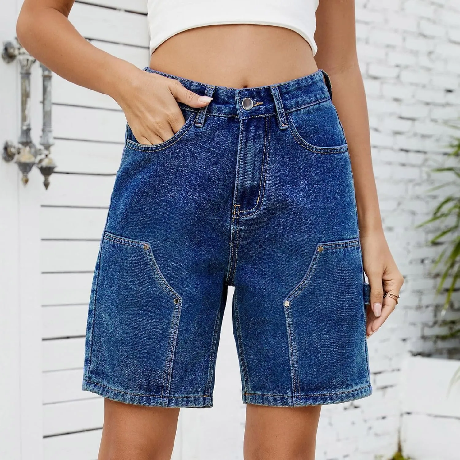 Jean Shorts for Women High Waisted Trendy Cutoff Stretchy Denim Shorts Casual Summer Bermuda Shorts with Flat Pocket