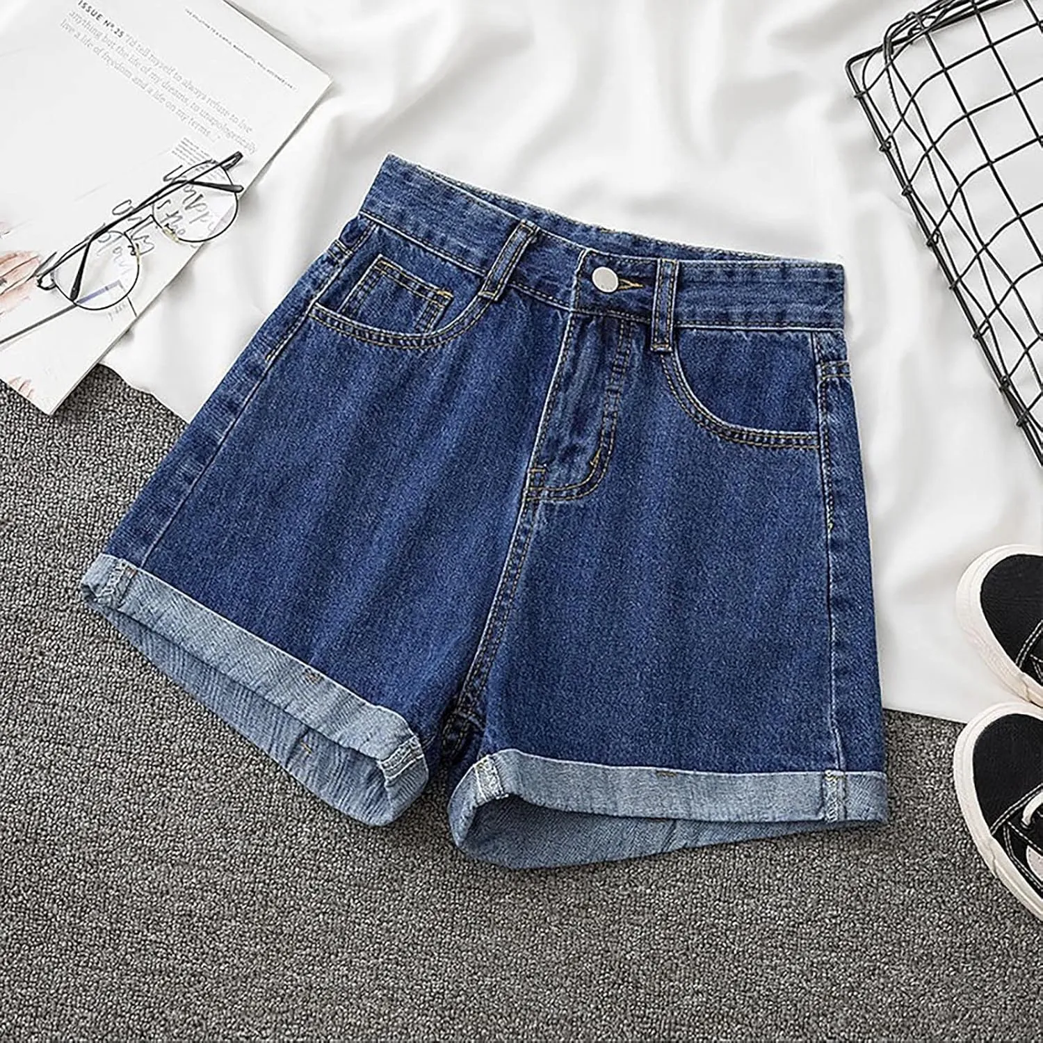 Jean Shorts for Women Summer Casual Loose Fit Elastic High Waisted Shorts Fashion Comfort Wide Leg Shorts with Pockets