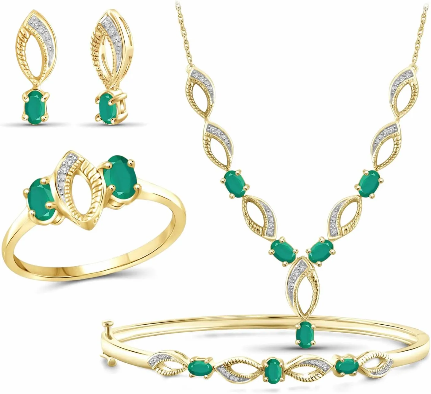 JEWELEXCESS 2.75 CTW Emerald & 1/10 Carat White Diamond 14K Gold Over Silver 4-Piece Jewelry set