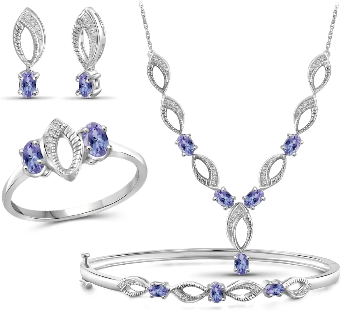 JEWELEXCESS 2.80 CTW Tanzanite & 1/10 Carat White Diamond Sterling Silver 4-Piece Jewelry set