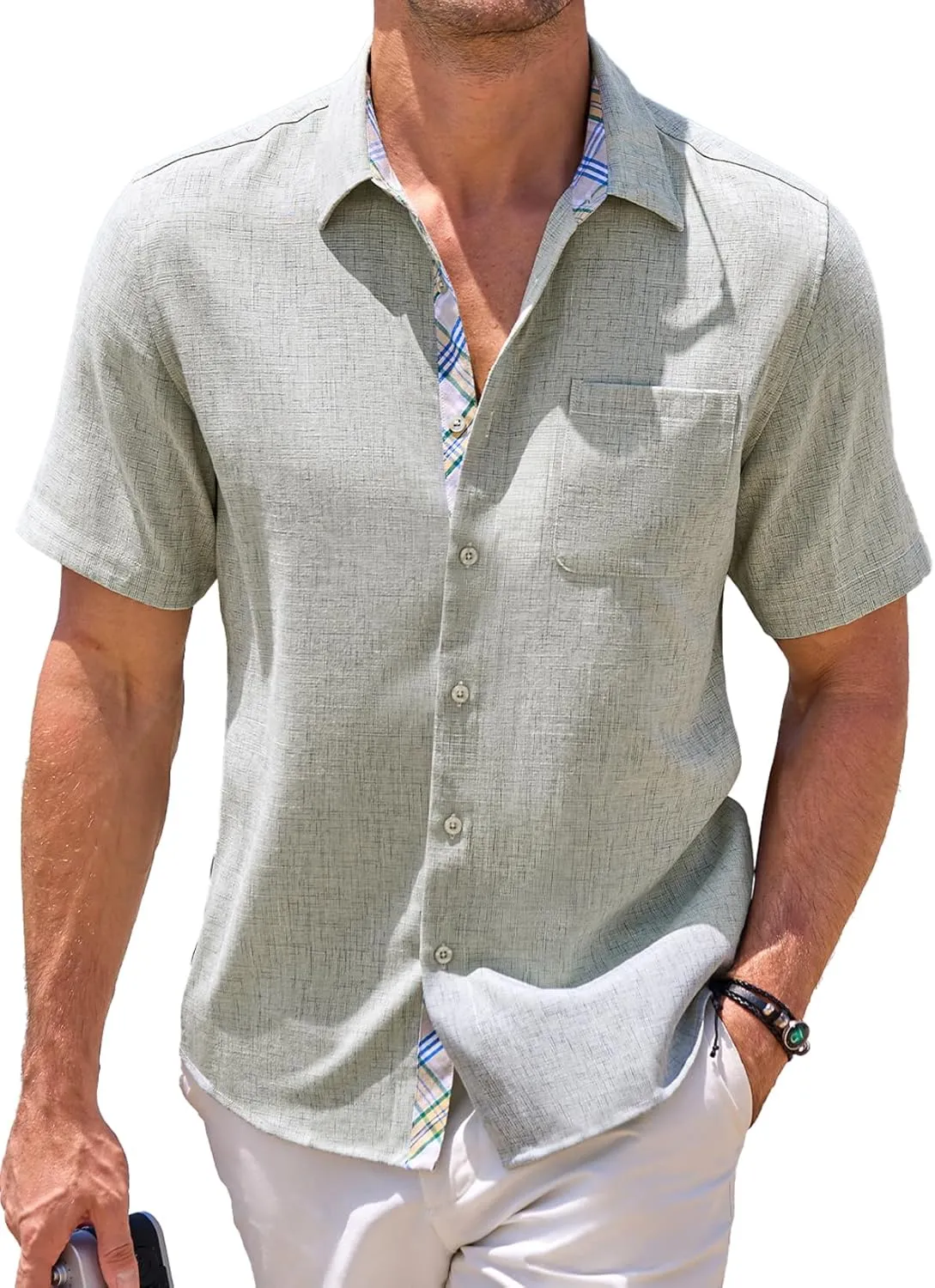 JMIERR Mens Linen Shirts Short Sleeve Summer Button Down Casual Beach Hawaiian Shirt with Pocket