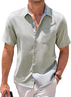 JMIERR Mens Linen Shirts Short Sleeve Summer Button Down Casual Beach Hawaiian Shirt with Pocket