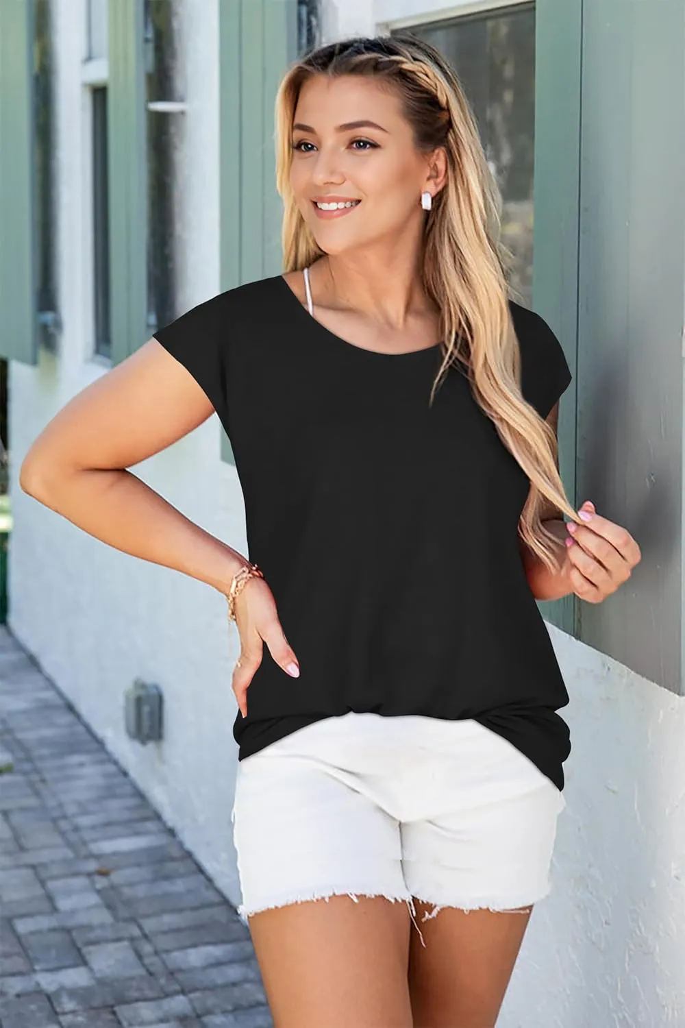 JOELLYUS Women's Cap Sleeve Tops Summer Tank Top Casual Basic Tees Shirts Loose Fit Blouses