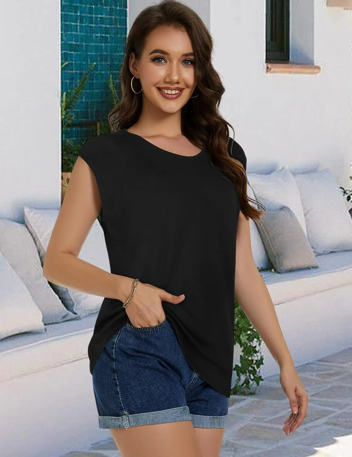 JOELLYUS Women's Cap Sleeve Tops Summer Tank Top Casual Basic Tees Shirts Loose Fit Blouses
