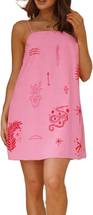 Juakoso Women Boho Graffiti Cami Mini Dress Spaghetti Strap Backless Sleeveless Beach Dress Vacation A Line Sun Dress